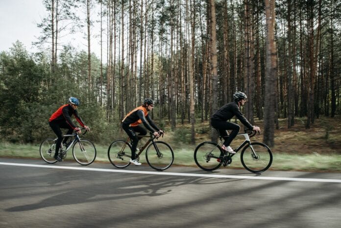 Grupa rowerzystów na leśnej trasie w okolicach Głogowa